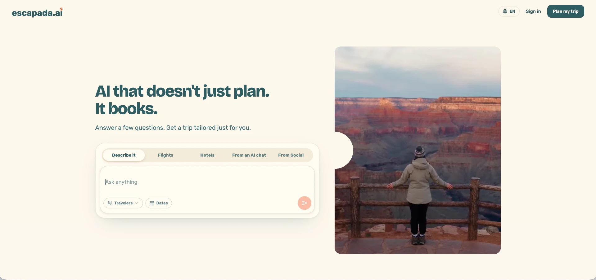 Escapada.ai homepage: AI that doesn't just plan, it books